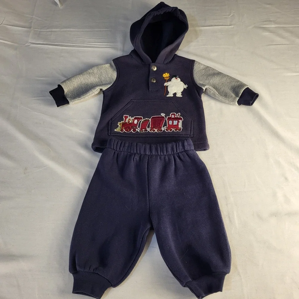 NWT Vintage 3-6M Frosty the Snowman Hoodie + Sweatpants Navy Frosty Train